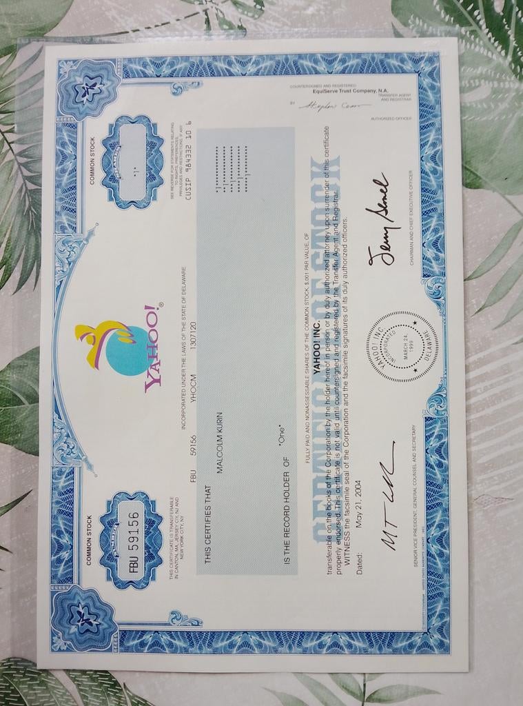 Yahoo! Inc. Aandeel Certificaat - Historisch Document, Postzegels en Munten, Aandelen en Waardepapieren, Ophalen
