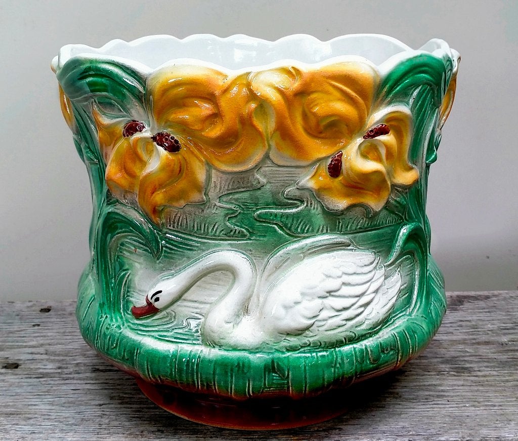 Antieke Majolica Jugendstil Jardinière Bloempot - Zwaan, Ophalen of Verzenden, Zo goed als nieuw, Balkon, Overige vormen