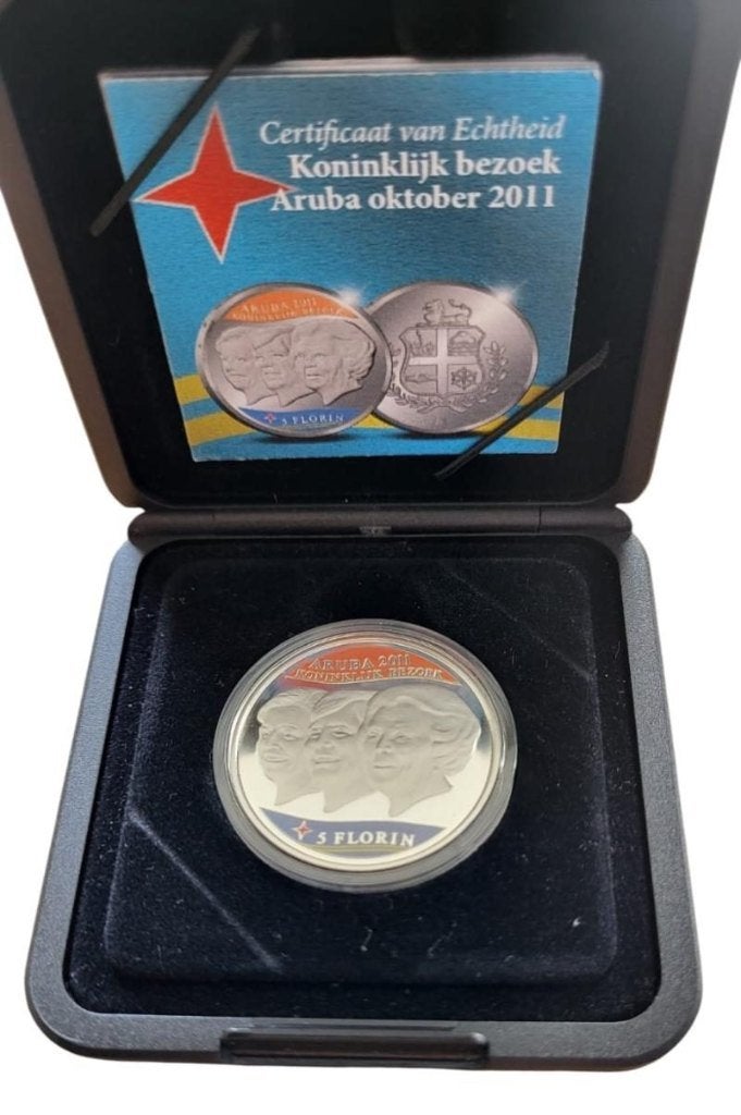 Aruba 5 Florin 2011 Koninklijk bezoek in doosje, Ophalen of Verzenden, Zuid-Amerika, Losse munt, Zilver