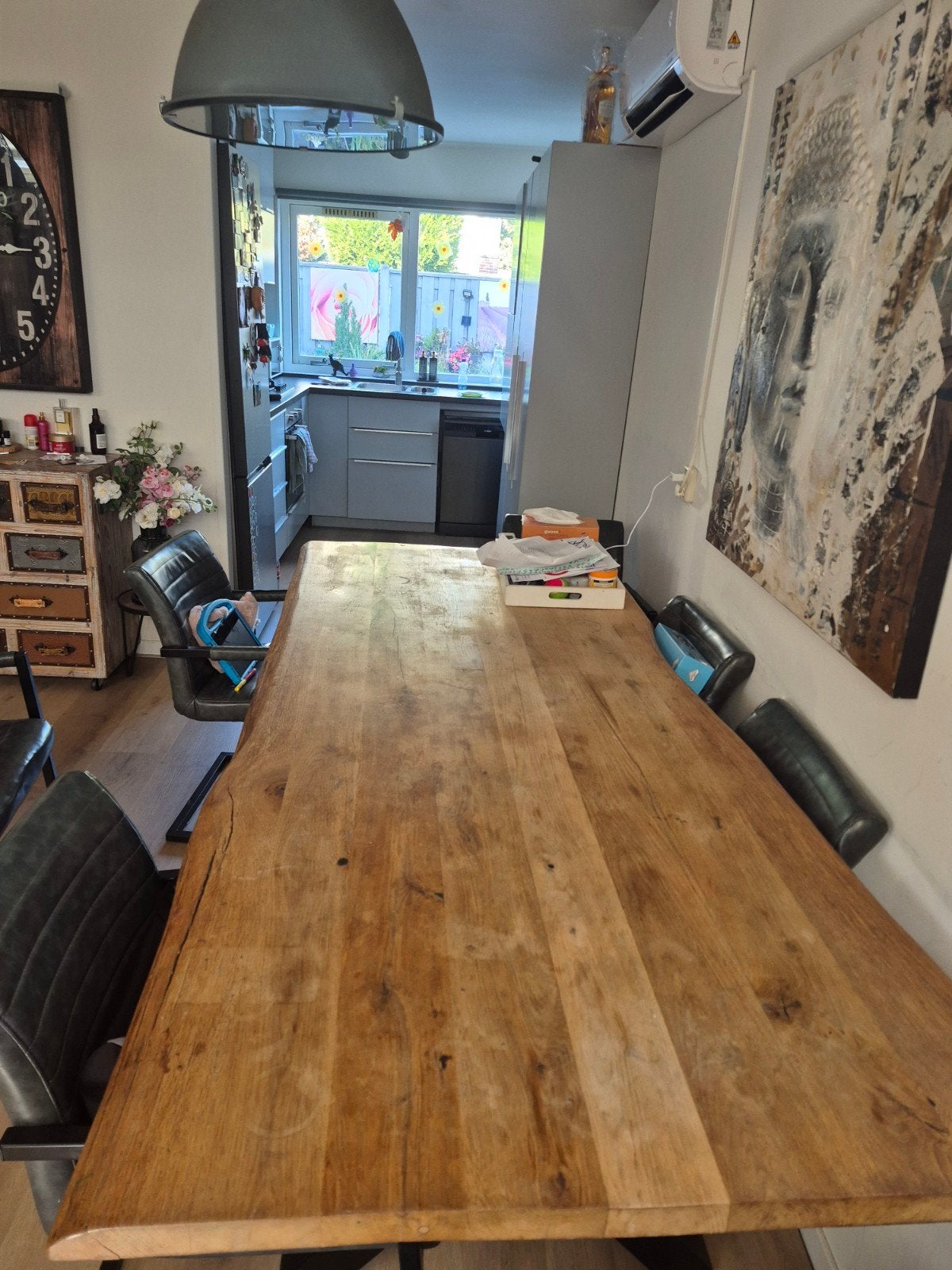 Grote eettafel (220x100cm) met 6 eetkamerstoelen, Huis en Inrichting, Gebruikt, 200 cm of meer, 50 tot 100 cm, Vijf personen of meer