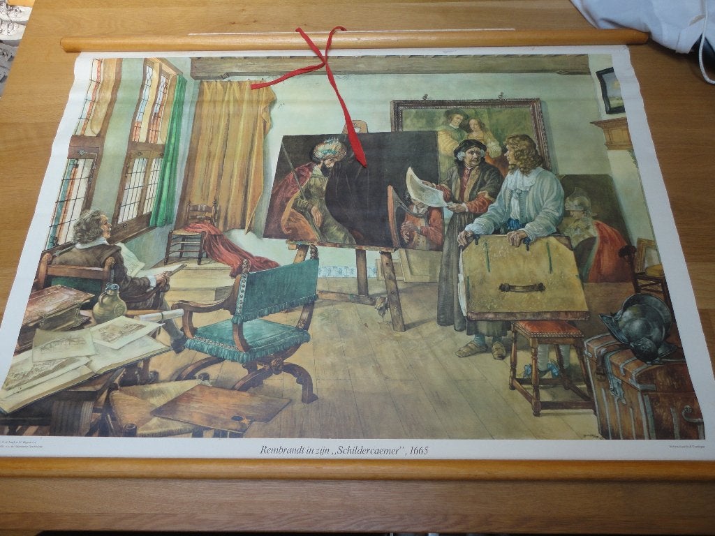 schoolplaat 19a Rembrandt in zijn schildercaemer, Antiek en Kunst, Ophalen of Verzenden, Natuur en Biologie