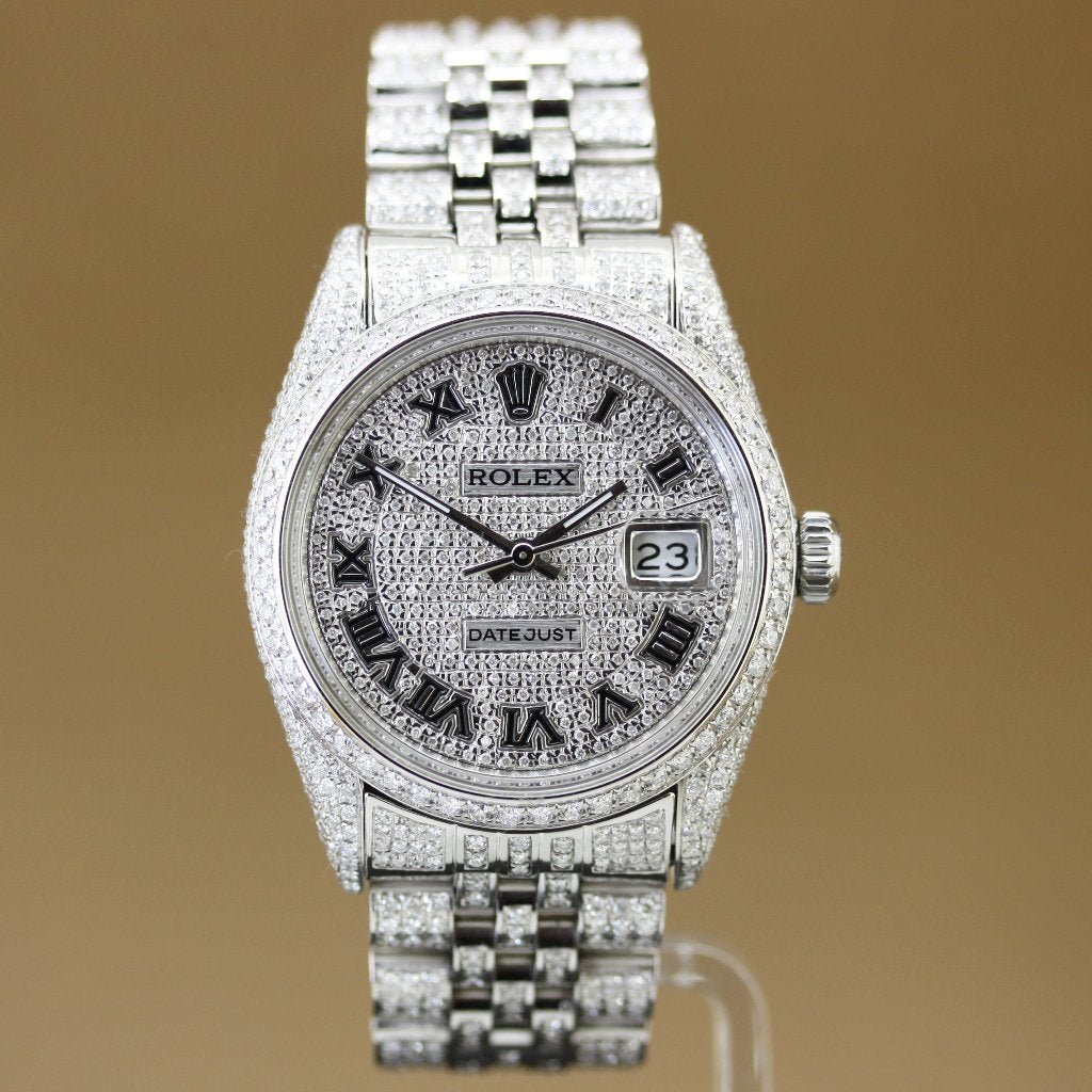 Rolex Datejust 36 16014 Steel Full Iced Out, Staal, Gebruikt, Polshorloge, Ophalen of Verzenden
