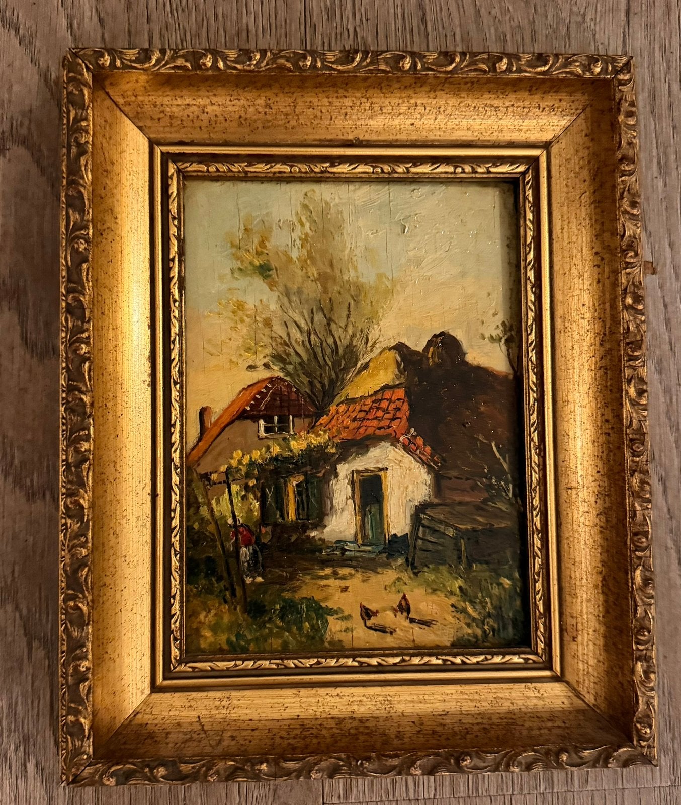 Schilderij boerenerf inclusief lijst te koop, Antiek en Kunst, Oud hollands, Overige ondergronden, Ophalen of Verzenden, Gesigneerd