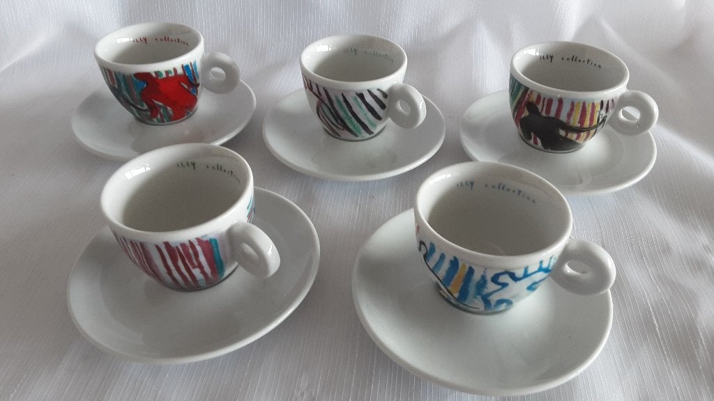 ILLY COLLECTION espresso A. CHIA kopjes 5 stuks, 1997, Overige materialen, Ophalen of Verzenden, Zo goed als nieuw, Overige stijlen