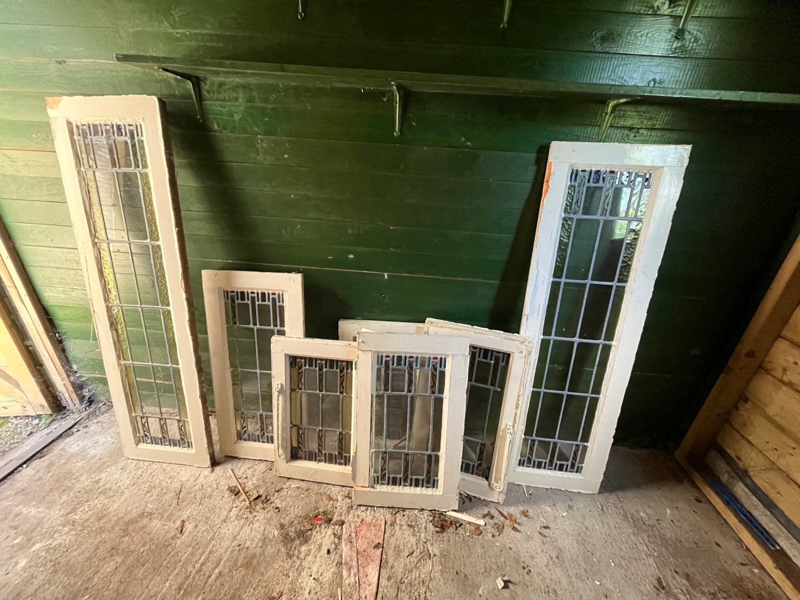 7x glas in lood in kozijn, Gebruikt, Raamkozijn, Hout, Ophalen