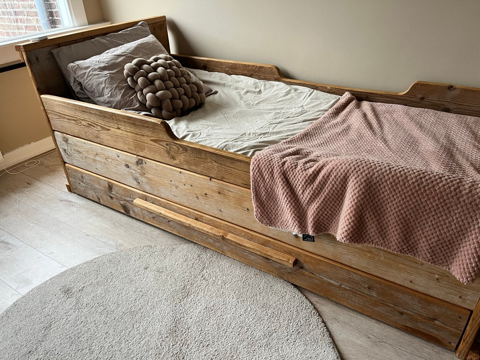 Steigerhouten eenpersoonsbed met uitschuifbaar logeerbed, Ophalen, Gebruikt, 90 cm, Eenpersoons