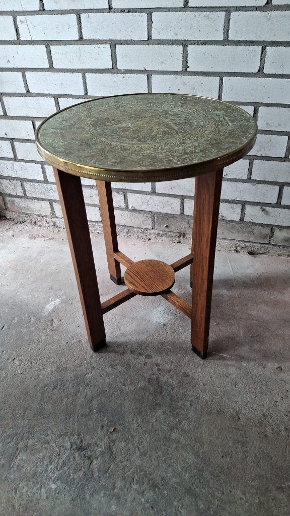 Vintage bijzettafel met messing blad, 63x50 cm, Ophalen
