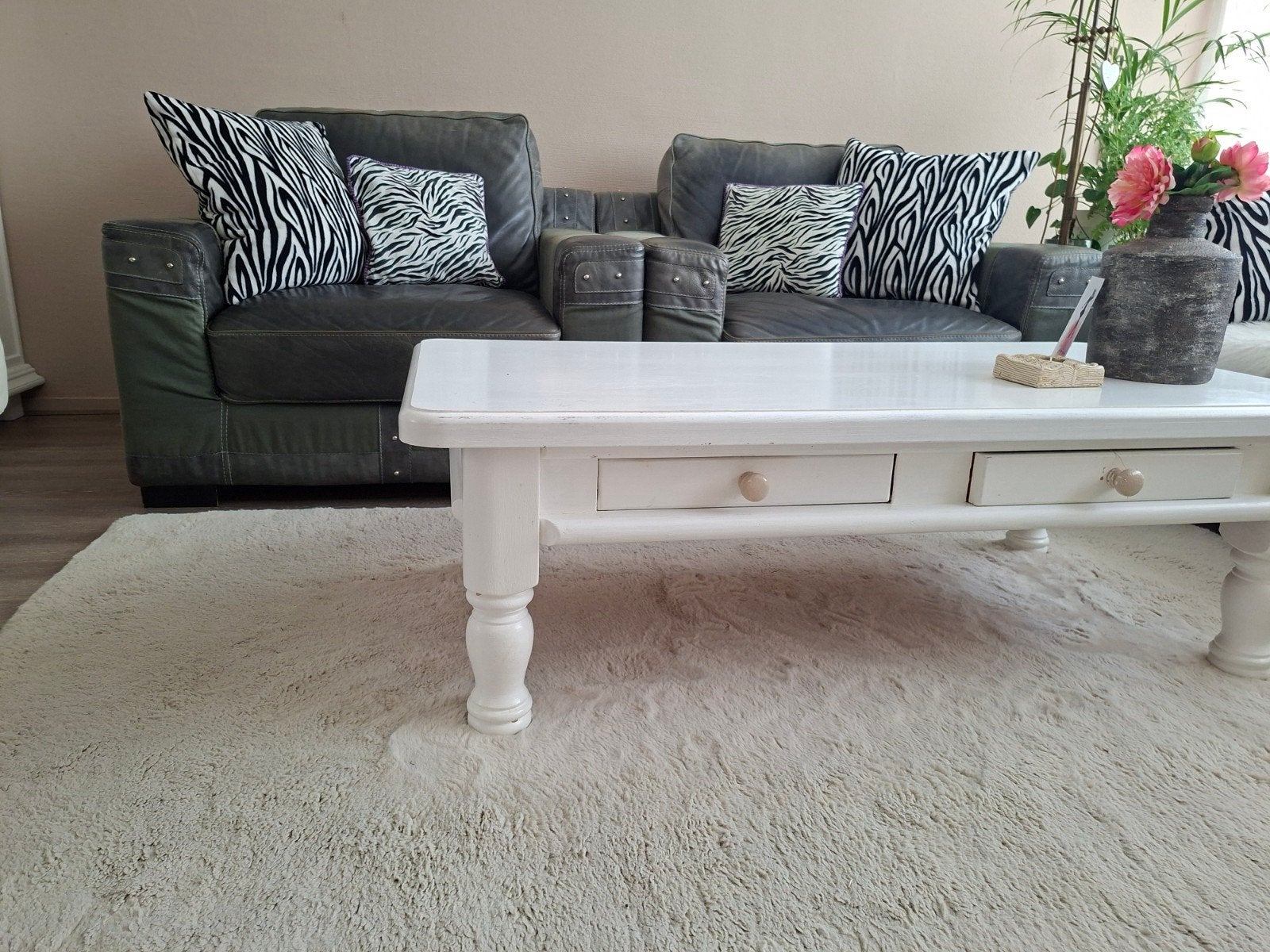 Salontafel van blank eiken, wit geverfd, Ophalen, Gebruikt, 100 tot 150 cm, Eikenhout