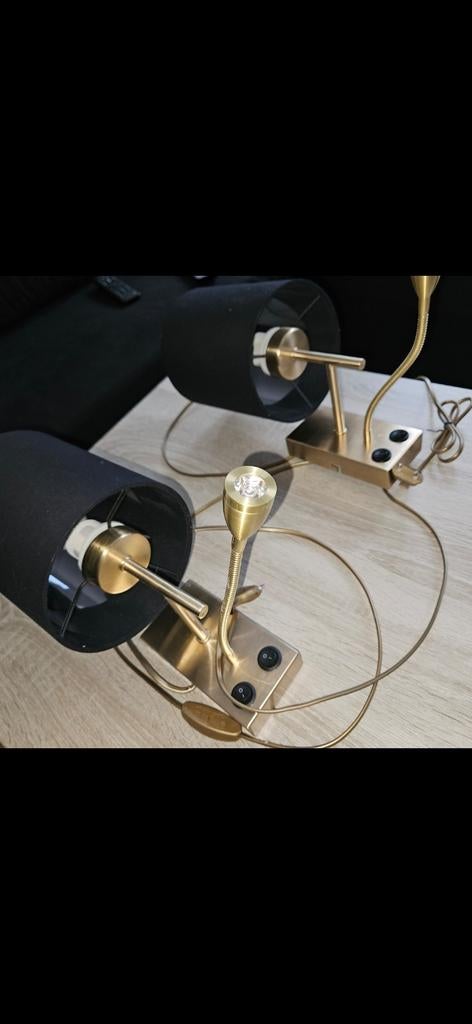 Set Goudkleurige Wandlampen met Leeslampje, Huis en Inrichting, Ophalen of Verzenden, Zo goed als nieuw, Stof, Modern, Klassiek, Industrieel