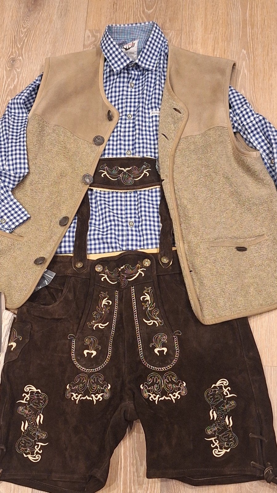 Lederhose 50 vest overhemd kousen oktoberfeest, Ophalen of Verzenden, Zo goed als nieuw, Maat 48/50 (M), Overige thema's