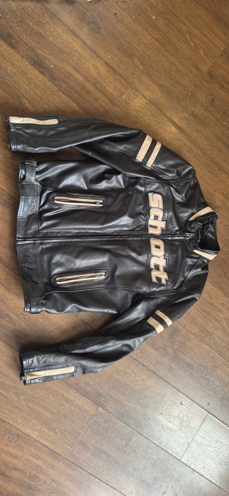 Vintage Schott NYC Motor Leren Jas - Zwart met Beige Details, Ophalen of Verzenden