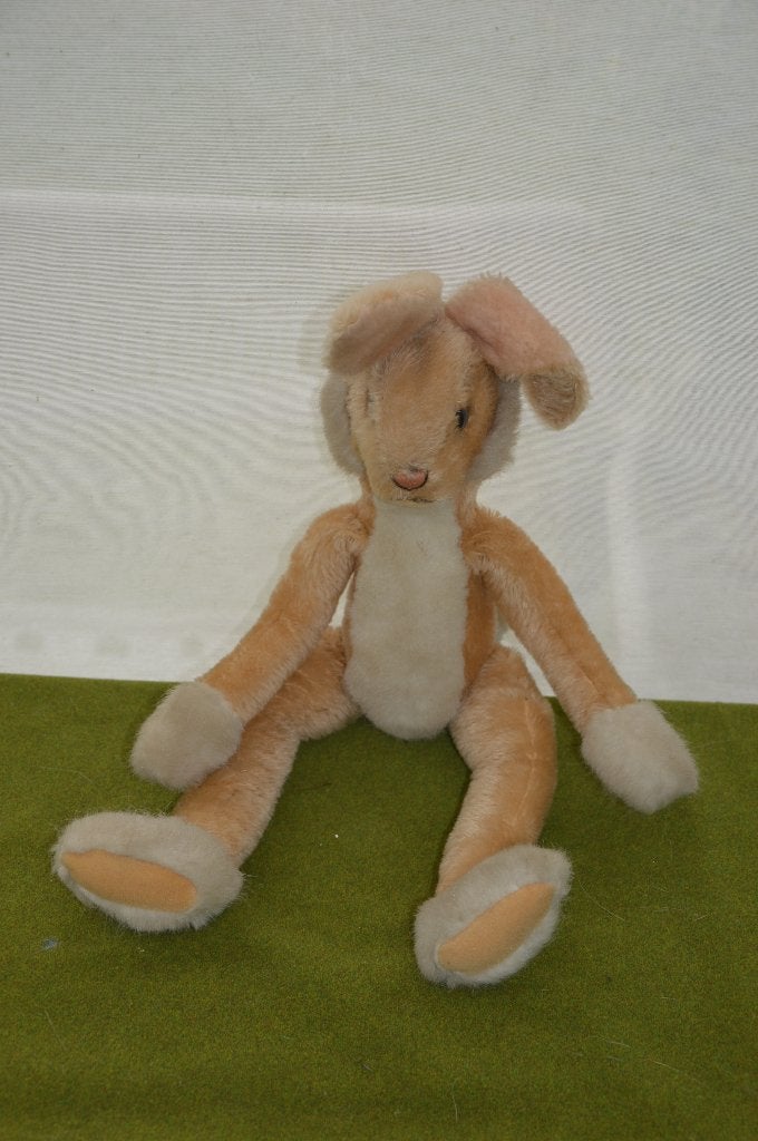 Vintage Steiff haas Lulac 47 cm met knop en vaantje, Ophalen of Verzenden, Gebruikt, Stoffen beer, Steiff