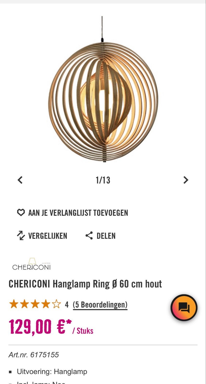 CHERICONI Hanglamp Ring Ø 60 cm hout - nieuw in doos, Ophalen, Nieuw, Hout, E27 (groot)