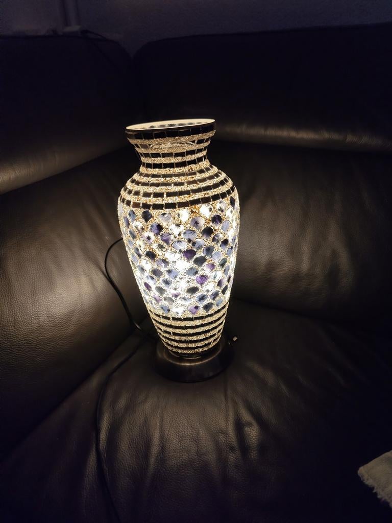 Mooie lamp vaas met verlichting zilver mozaïek, Ophalen, Zo goed als nieuw, Overige materialen, Minder dan 25 cm
