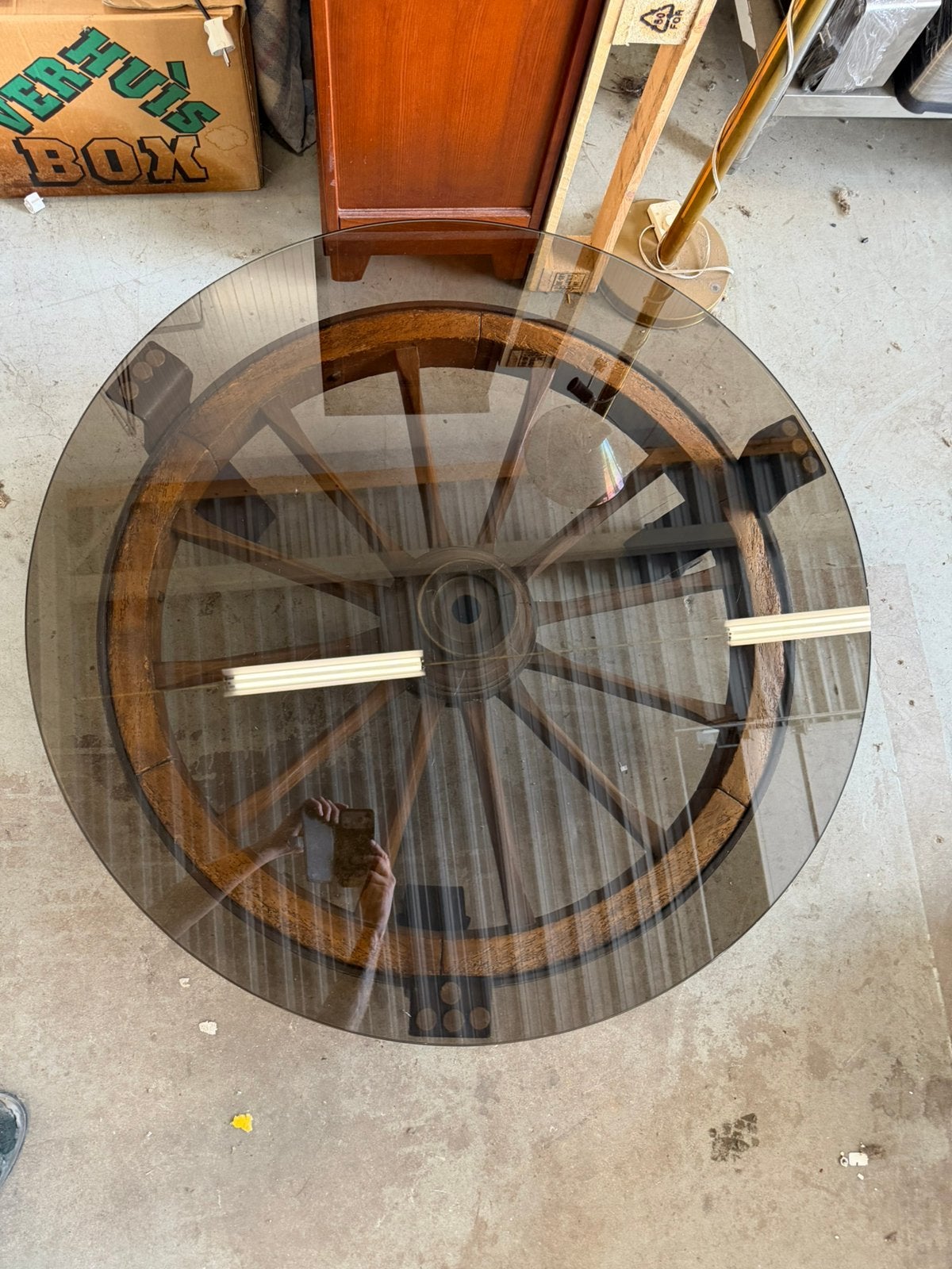 Vintage Wagenwiel salontafel, Ophalen, 100 tot 150 cm, 50 tot 100 cm, Zo goed als nieuw