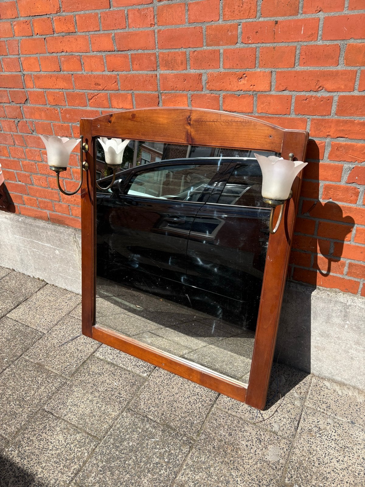 Vintage spiegel van hout met verlichting, Ophalen, Rechthoekig, 50 tot 100 cm, 100 tot 150 cm