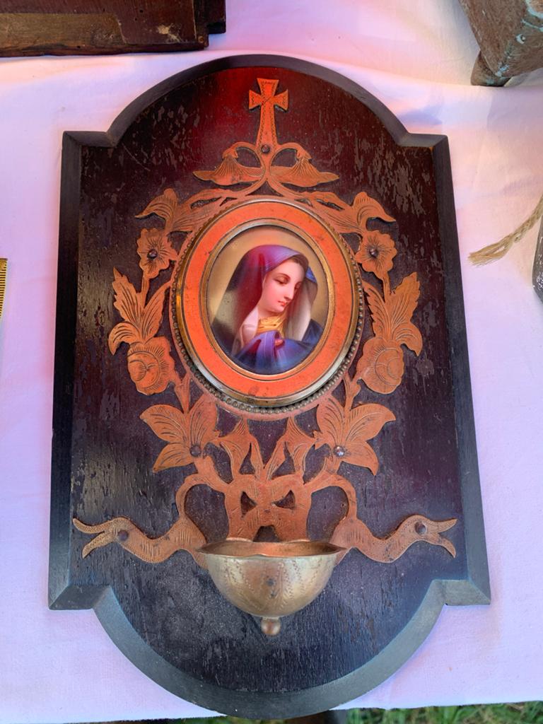 Antiek wijwatervat met porseleinen plaque Maria, Antiek en Kunst, Ophalen of Verzenden
