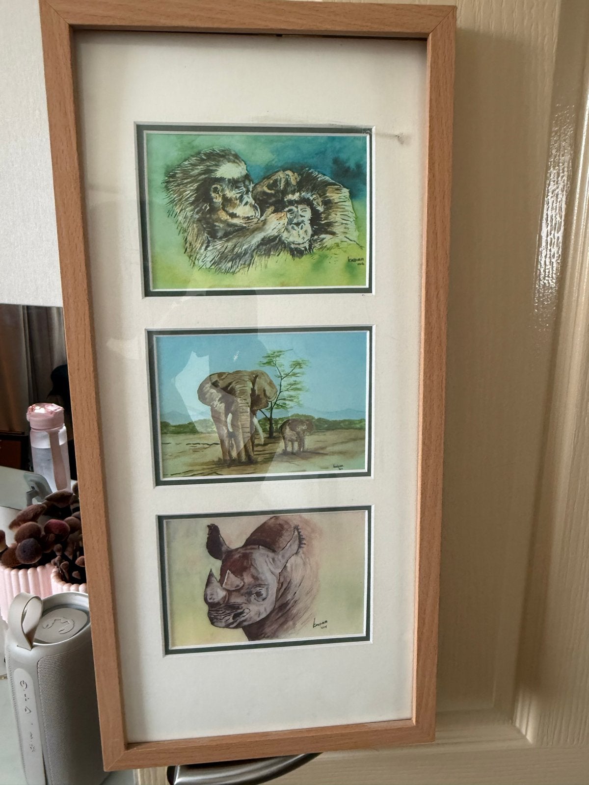 Ingelijste Afrikaanse Dieren Aquarellen - Set van 3, Huis en Inrichting, Ophalen, 50 – 75, Minder dan 50 cm, Zo goed als nieuw