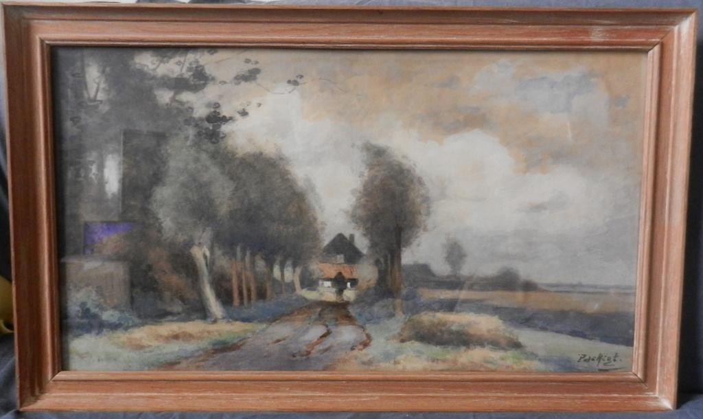 Aquarel Laan met boerderij bij bos Pieter de Regt hxb: 30x55, Antiek en Kunst, Kunst | Schilderijen | Klassiek, Ophalen of Verzenden