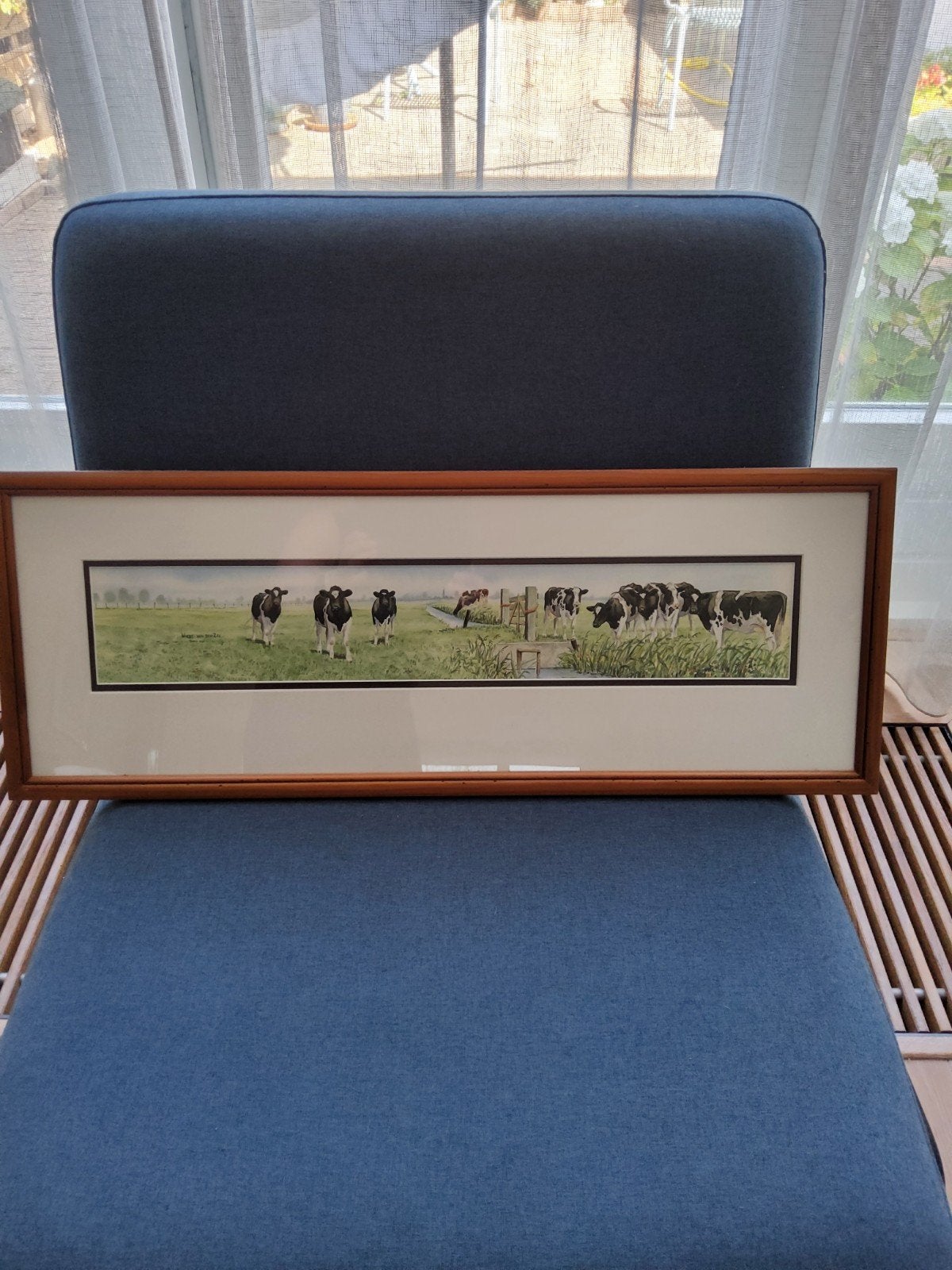 Ingelijste print van koeien in een Hollands landschap, Gebruikt, Ophalen of Verzenden, Print, 75 tot 100 cm