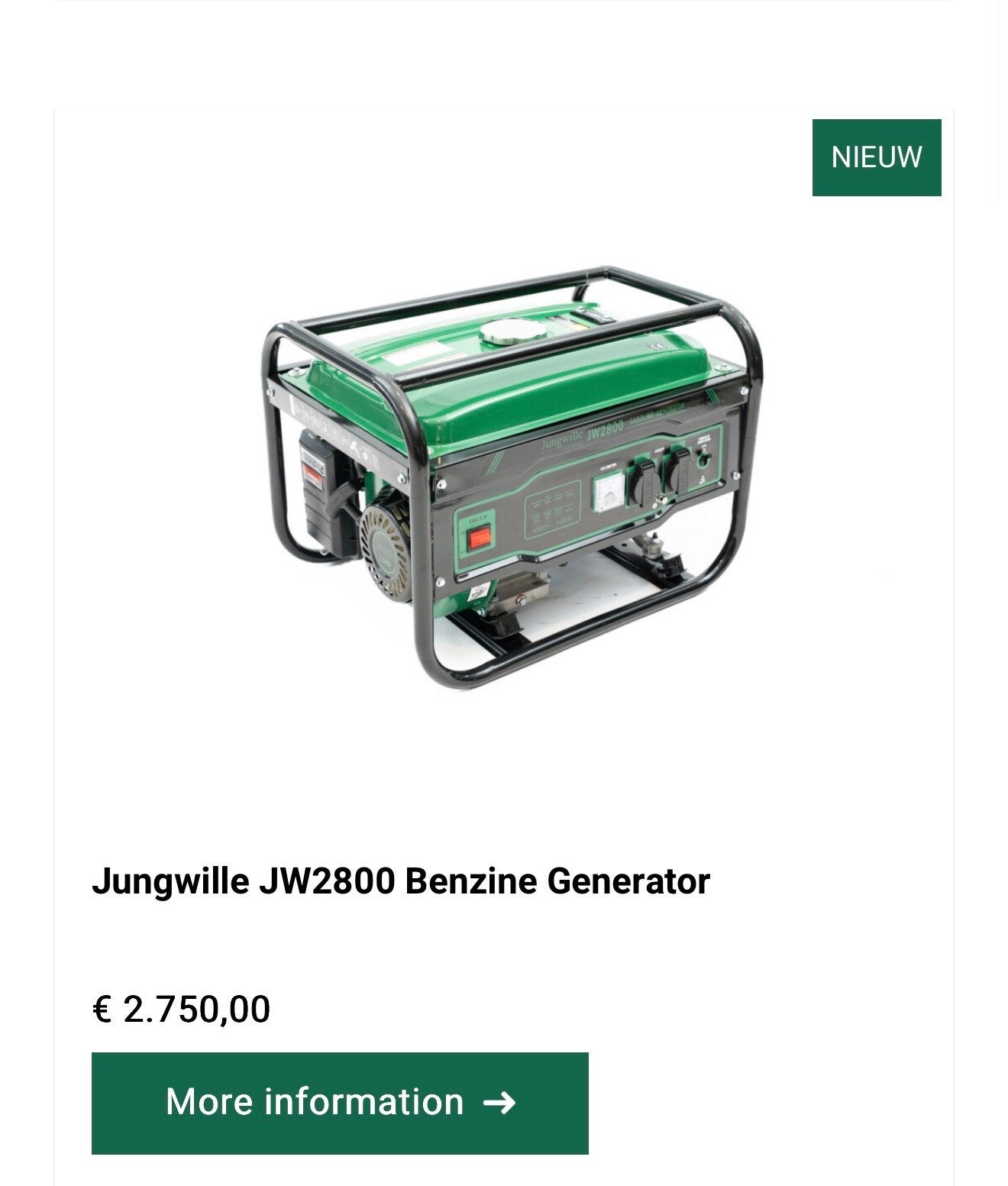 Nieuwe Jungwille JW2800 Benzine Generator - 2.0kW, Ophalen, Nieuw, Minder dan 5 kVA, Benzine