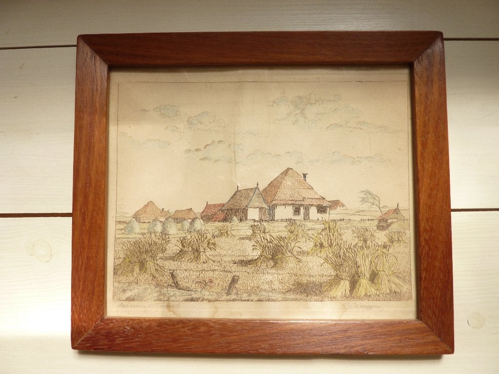Texelse boerderij met Korenschoven en Hooischelven oud inge, Ophalen of Verzenden