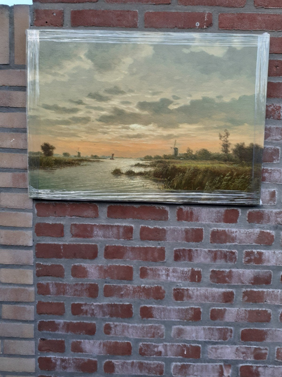 Olieverfdoek H. Wijngaard - Hollands Landschap met Molens, Doek, Realistisch, Ophalen of Verzenden, Landschap
