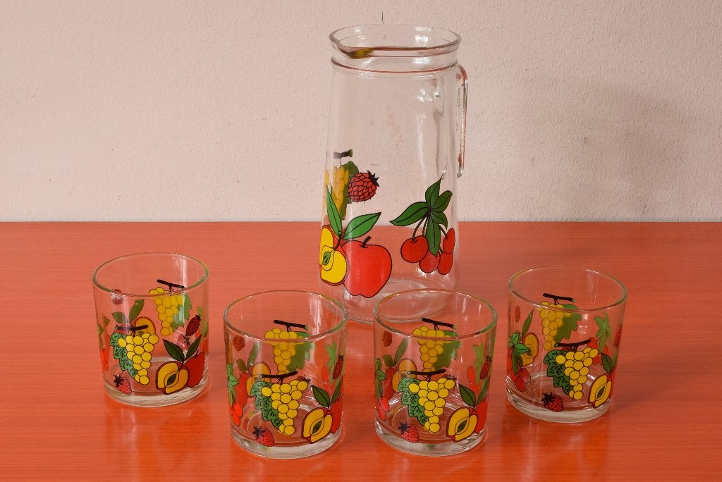 Retro vintage Covetro Italy sapset - kan met 4 glazen, Huis en Inrichting, Keuken | Servies, Zo goed als nieuw, Glas of Glazen