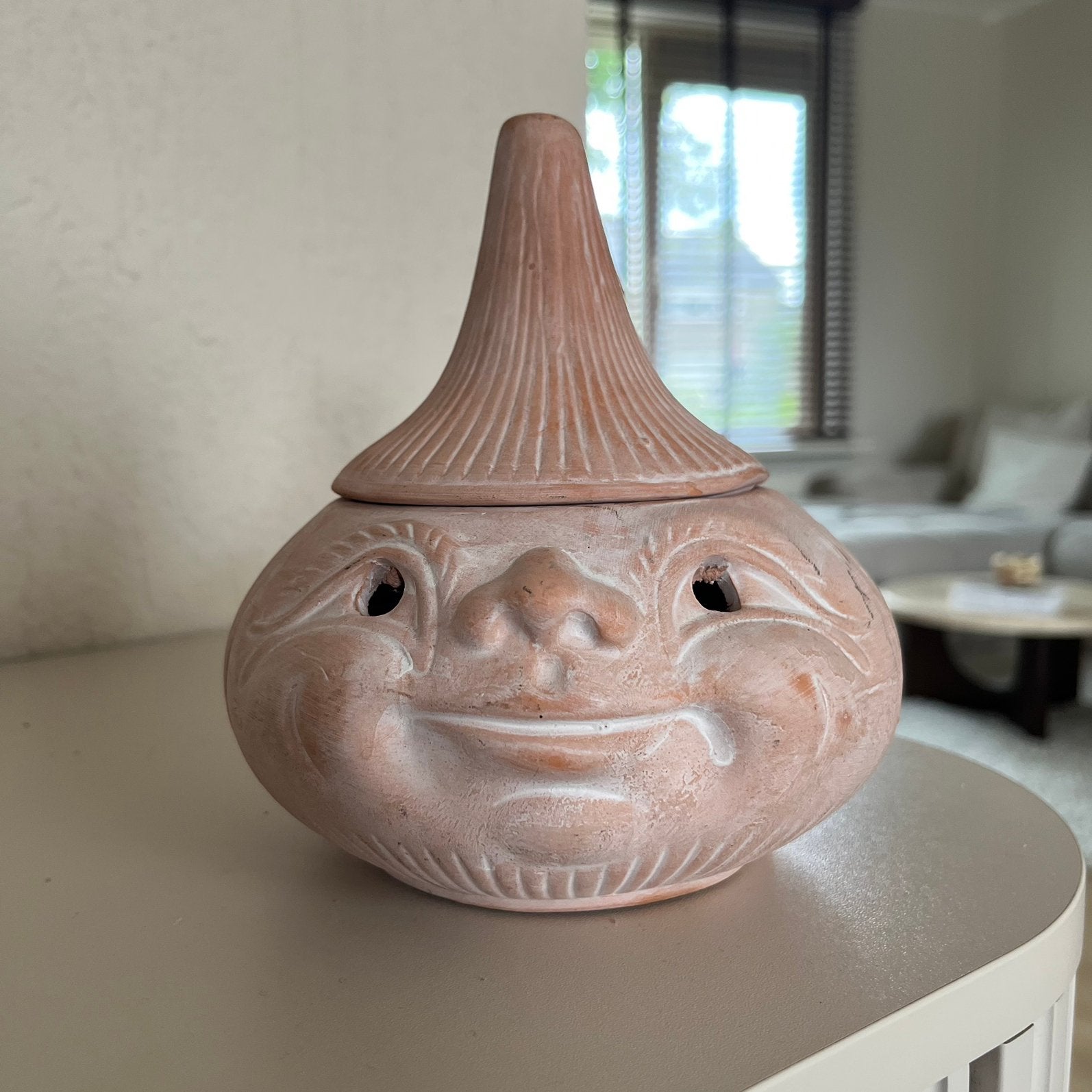 Vintage terracotta uienpot met gezicht, Ophalen of Verzenden