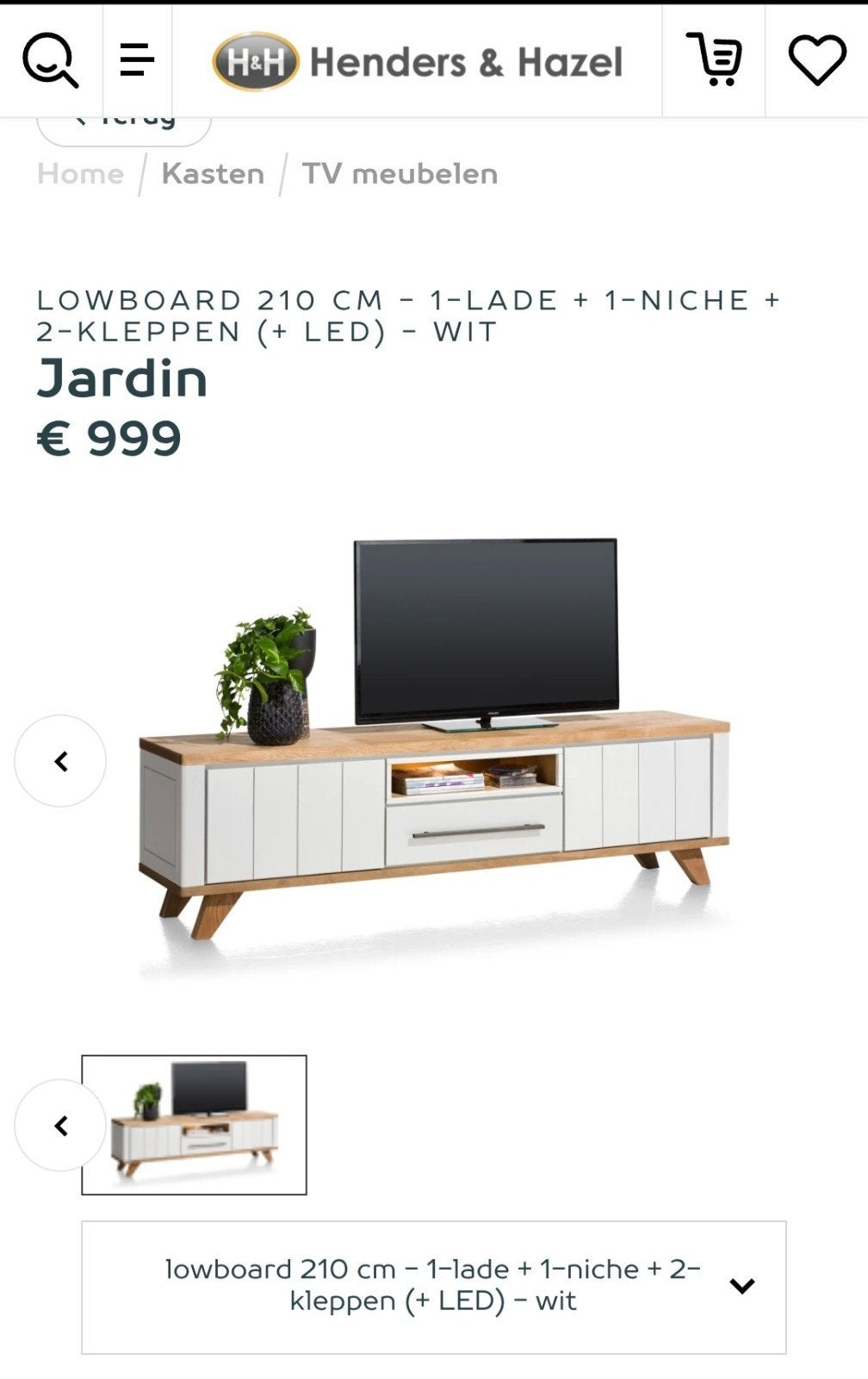 Henders & Hazel Jardin Tv Kast/Dressoir 210 cm - Wit/Eiken, Huis en Inrichting, Ophalen, Eikenhout, Modern landelijk, Zo goed als nieuw