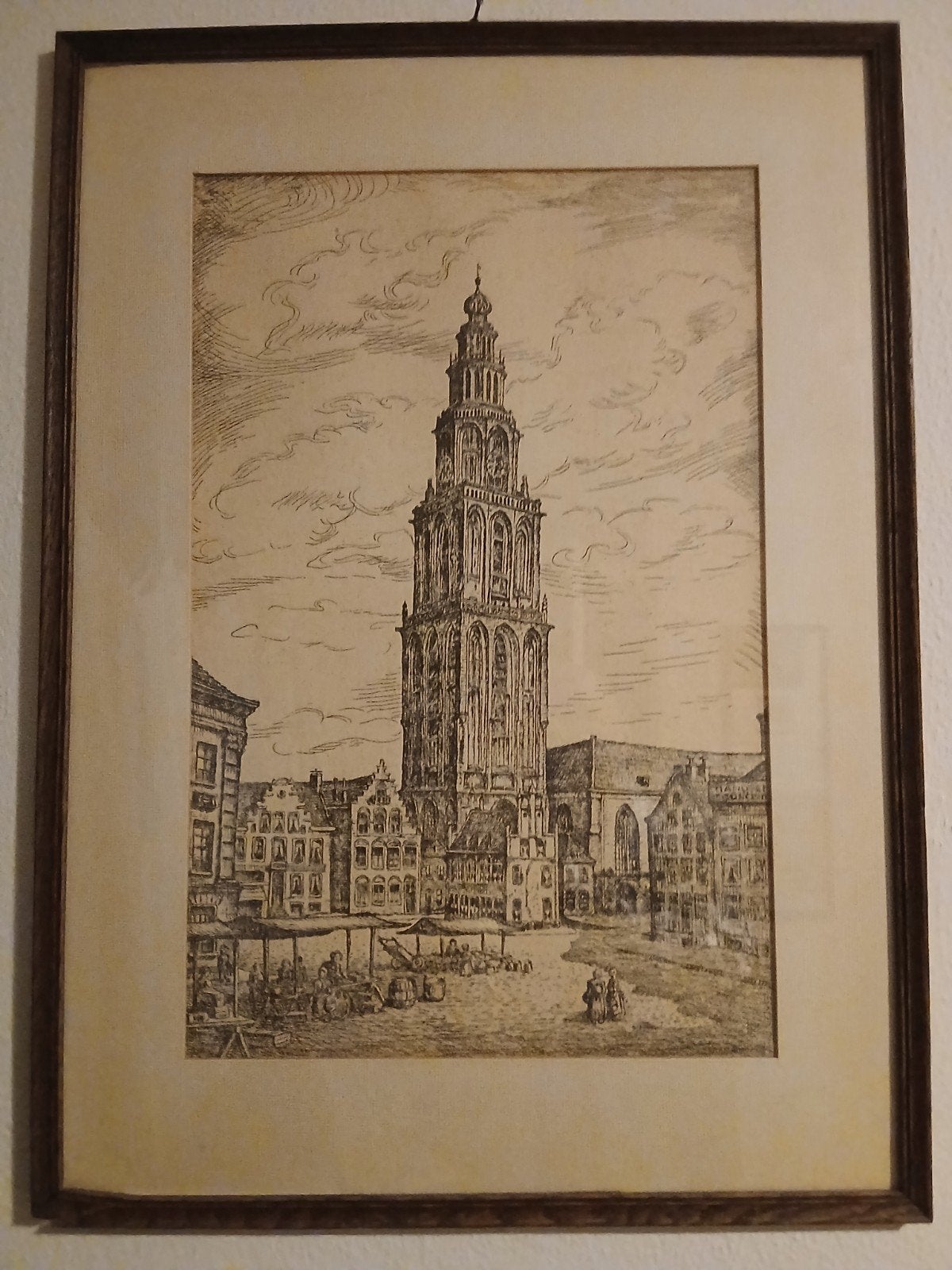 Mooie antieke Ets van de Oude Markt van Groningen., Antiek en Kunst, Ophalen