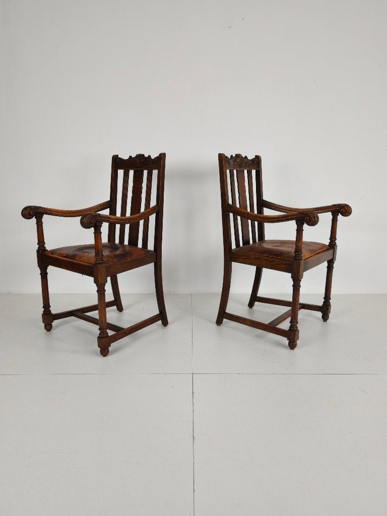 Set van 2 Eikenhouten Armstoelen – F. Parker & Son,, Ophalen of Verzenden