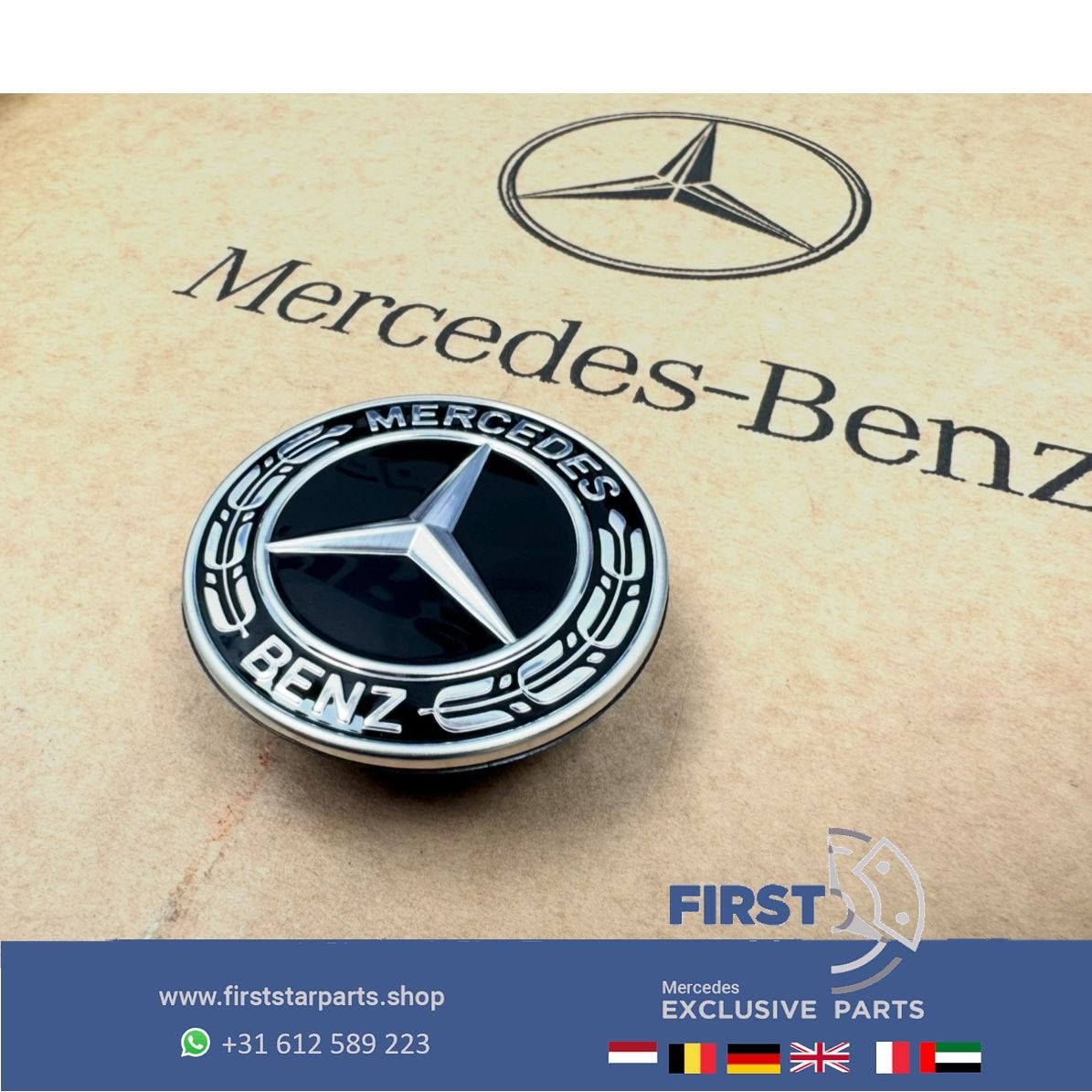 MERCEDES MOTORKAPLOGO ZWART AMG MOTORKAP EMBLEEM LOGO A B C, Auto-onderdelen, Gebruikt, -, Ophalen of Verzenden, -