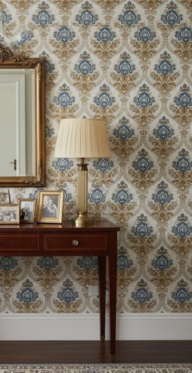 7123 vintage barok behang in blauw en goud tinten swiet, Verzenden, Minder dan 10 m², Blauw