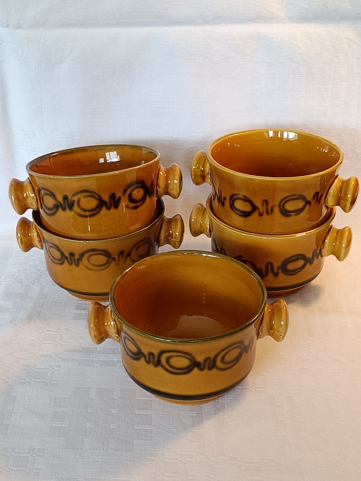 Set van 5 vintage aardewerk soepkommen met oren, Ophalen of Verzenden