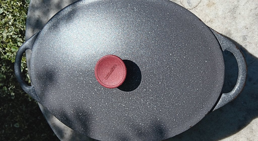 COUSANCES LE CREUSET grijs gewolkt GIETIJZEREN pan (G344), Gebruikt, Le Creuset, Ophalen of Verzenden, Met handvatten