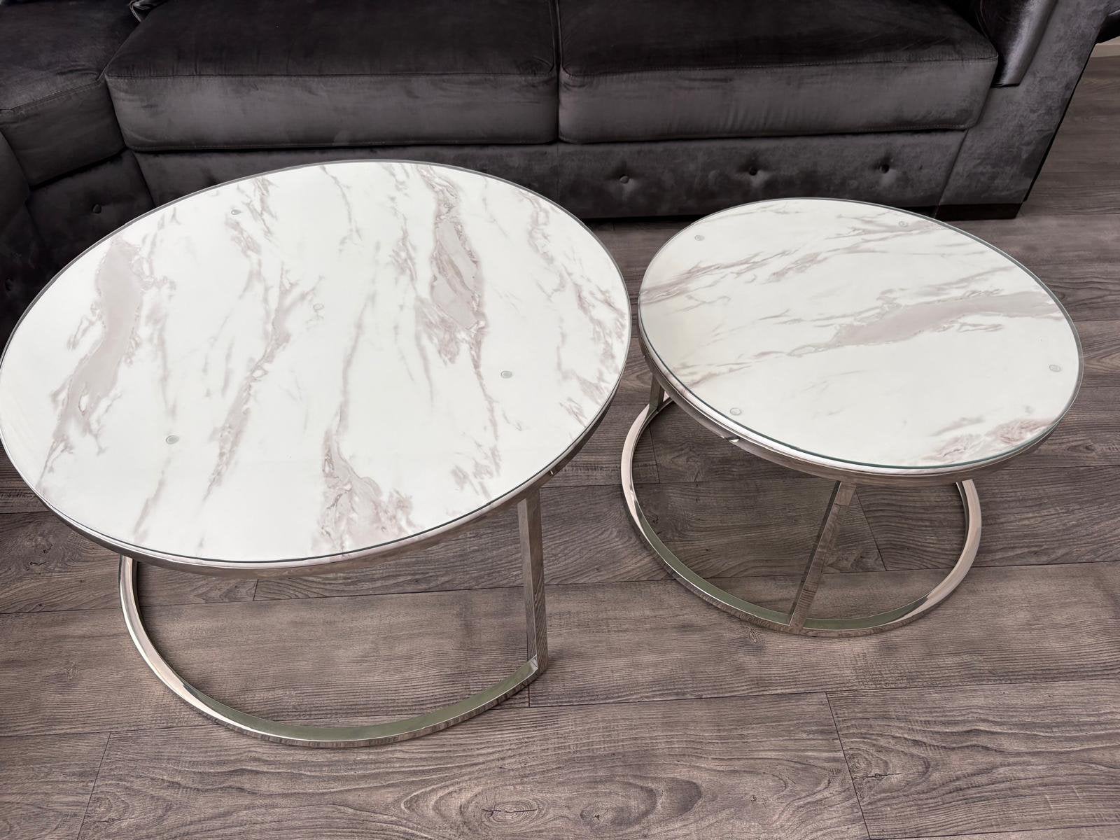 Marmer Salontafel set, met glasplaat, Ophalen, Zo goed als nieuw, Rond, 50 tot 100 cm