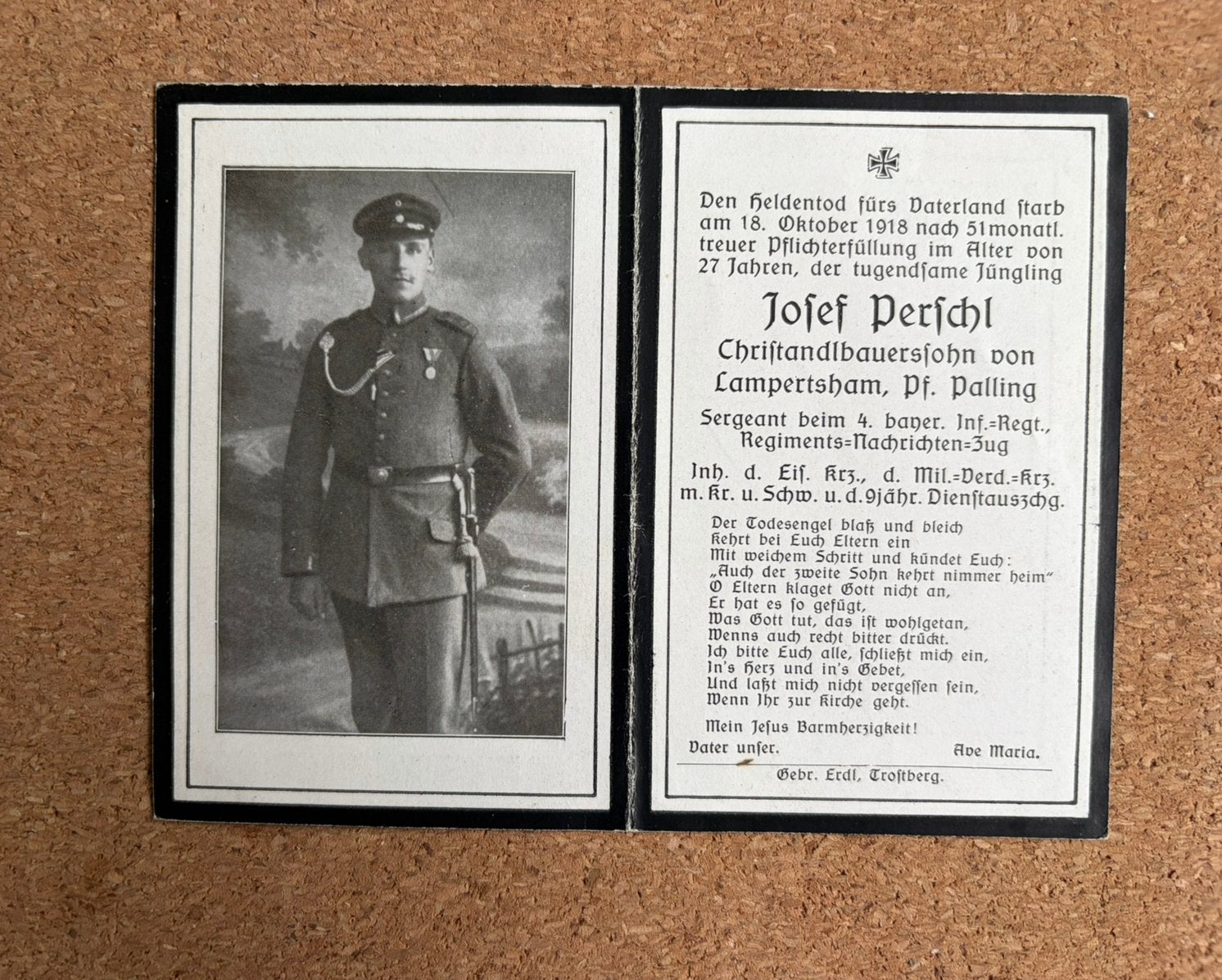 Duits Bidprentje WO1 - Sergeant EK2 Nachrichten-Zug 1918, Ophalen of Verzenden, Landmacht, Duitsland