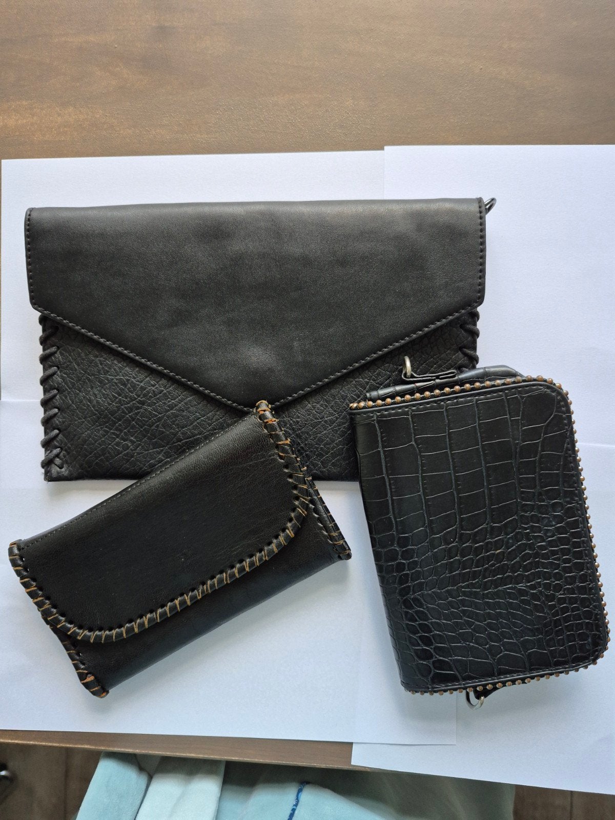 Zwarte leren tassen set: tas, make-up tasje & portemonnee, Ophalen of Verzenden, Zo goed als nieuw, Zwart, Handtas