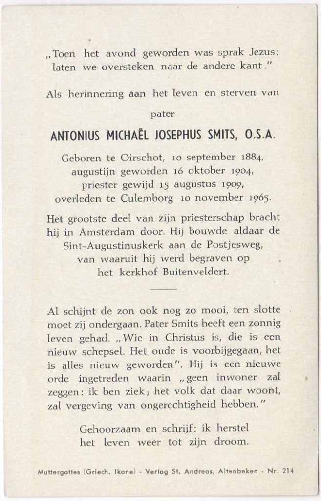 pater Antonius M.J. Smits 1884 Oirschot + 1965 Culemborg, Verzenden