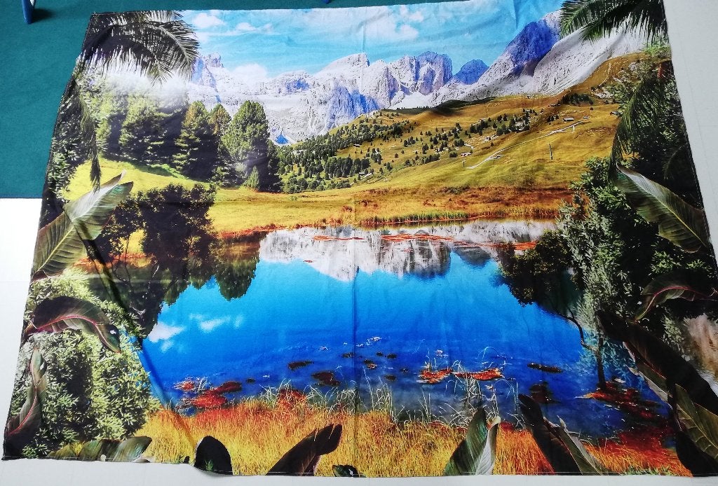 Supermooie landschap print op doek/vlag bergen meer, Huis en Inrichting, Woonaccessoires | Schilderijen, Tekeningen en Foto's
