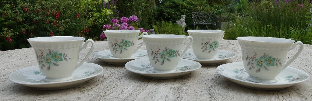 Mosa Theepot en 5 Koffie Kop + Schotels met Groene Bloem, Ophalen of Verzenden