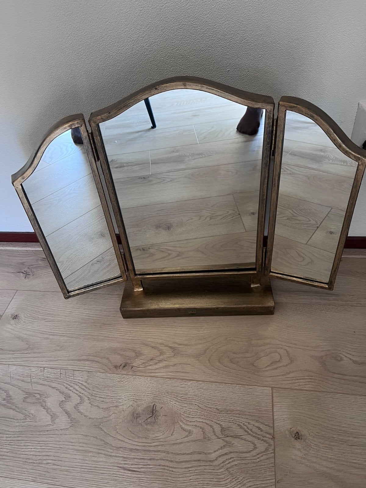 Vintage PTM Driezijdig Make-up Spiegel - Goudkleurig, Antiek en Kunst, Ophalen of Verzenden, Overige vormen, Minder dan 50 cm