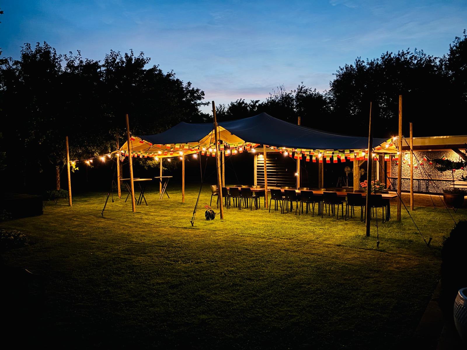 Stretchtent 5x12 te huur! Sfeervol, ruim en weerbestendig!, Ophalen, Overige typen, Nieuw, 4 tot 6 meter