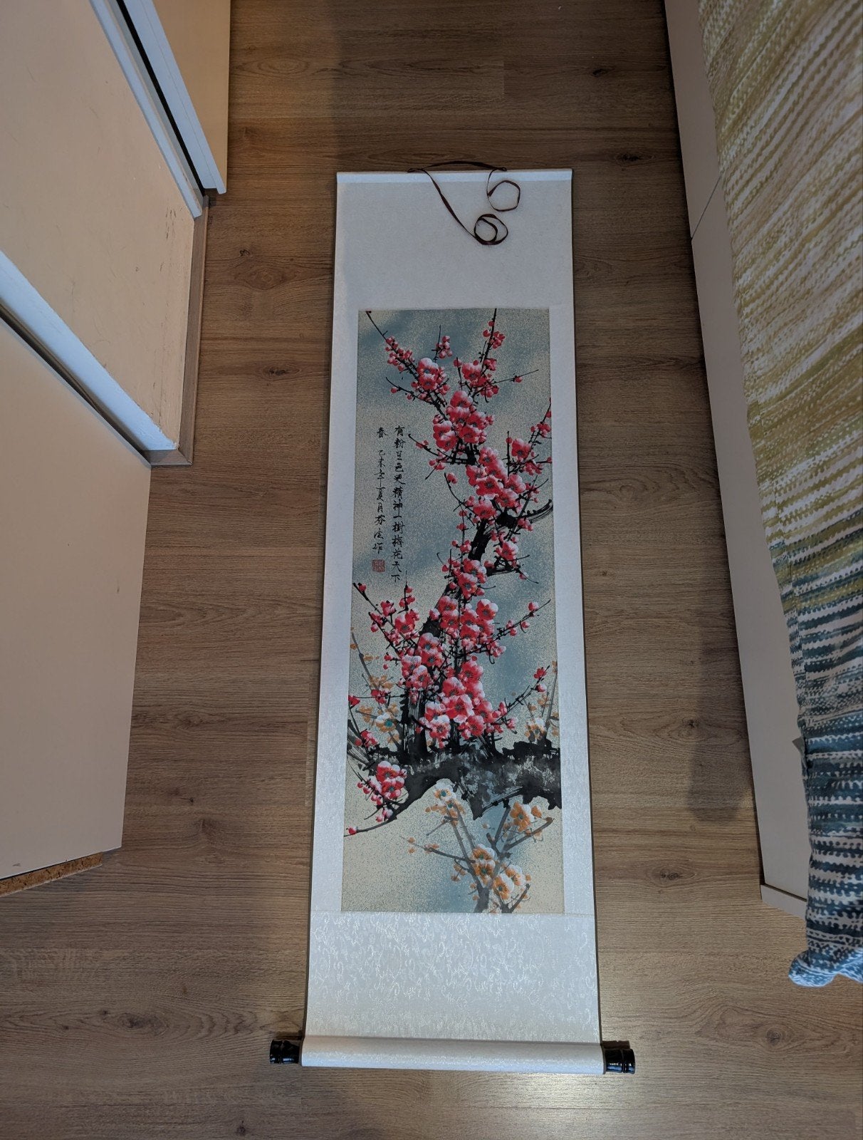 Chinese wandrol met roze bloesem - Japandi stijl, Ophalen of Verzenden, Zo goed als nieuw