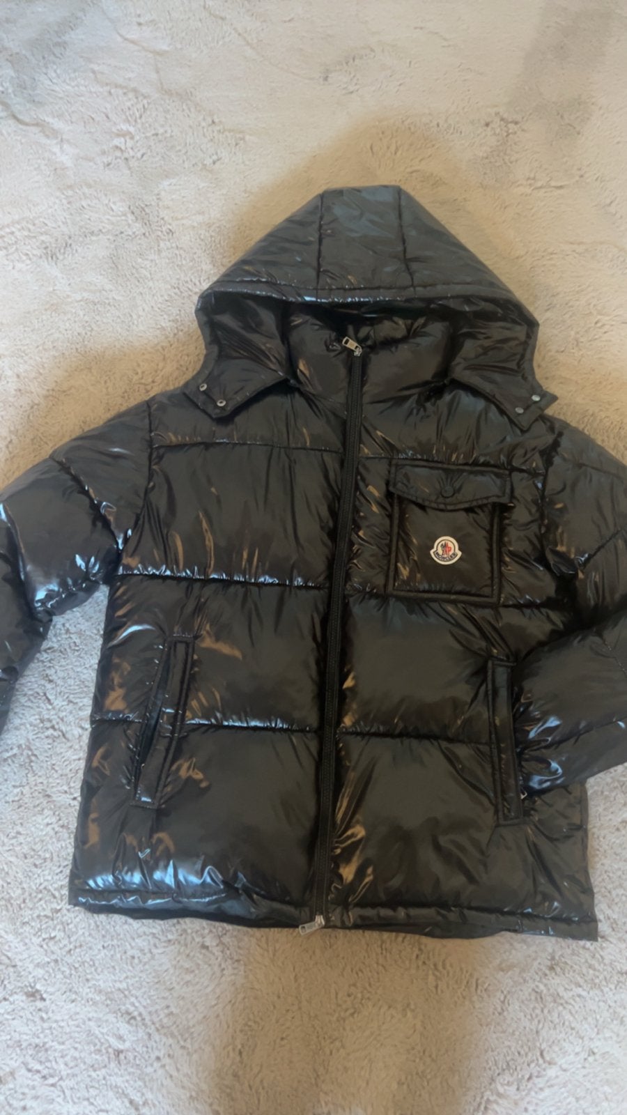 Moncler Puffer Jas Maat L met afneembare capuchon, Verzenden, Zo goed als nieuw, Maat 52/54 (L), Zwart