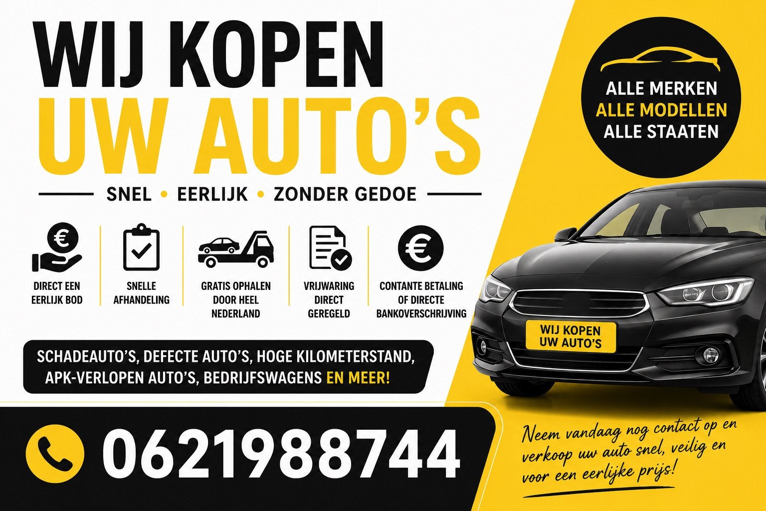 Wilt u uw auto verkopen? Wij kopen auto’s, Ophalen, Nieuw