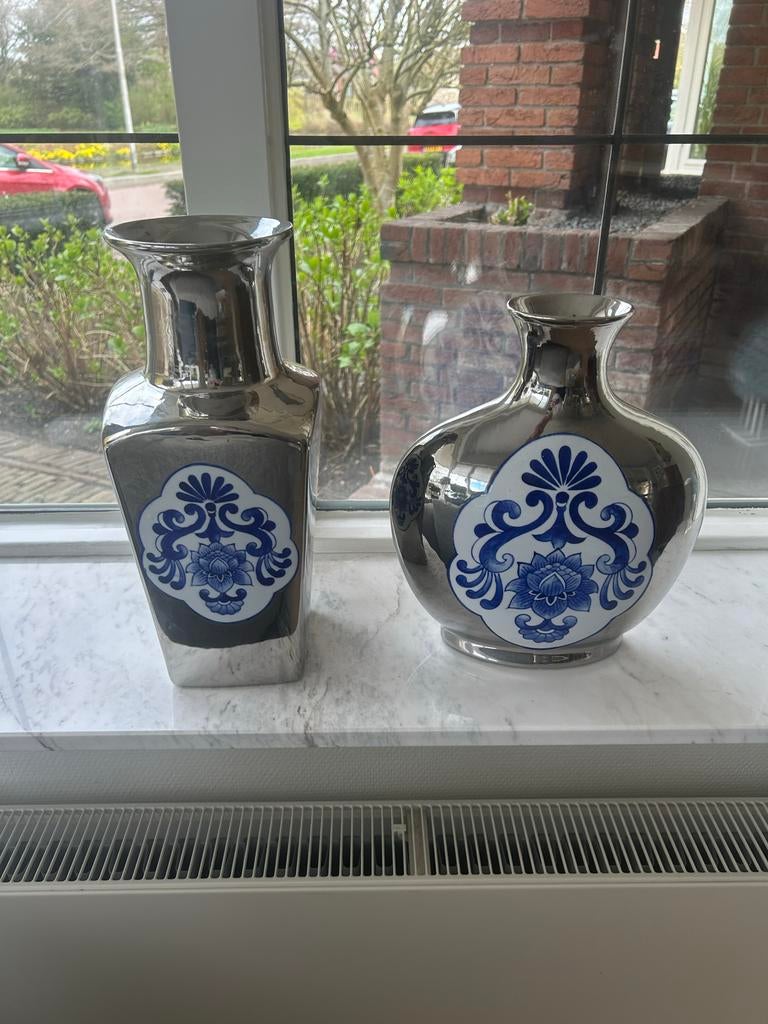 Lifestyle decoratieve zilver blauwe vazen, Ophalen, Blauw, Aardewerk of Porselein, Zo goed als nieuw