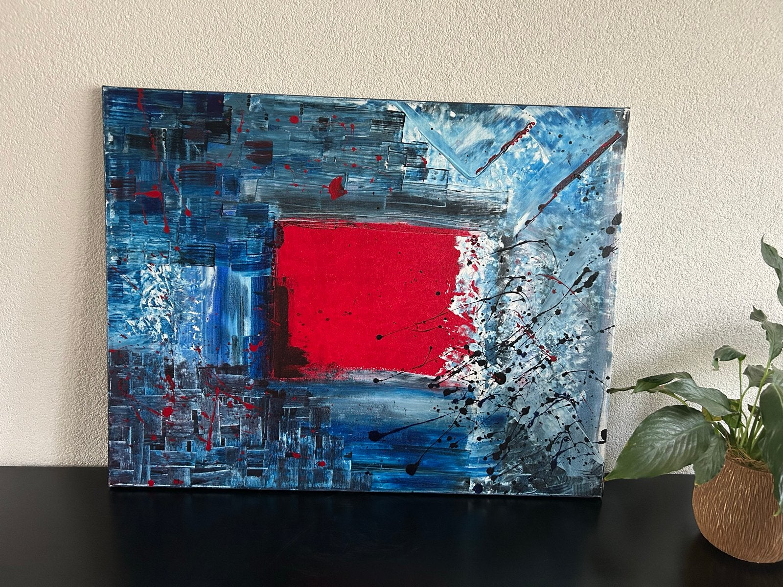 Abstract Schilderij op canvas: Rood en Blauw Contrast, Ophalen of Verzenden
