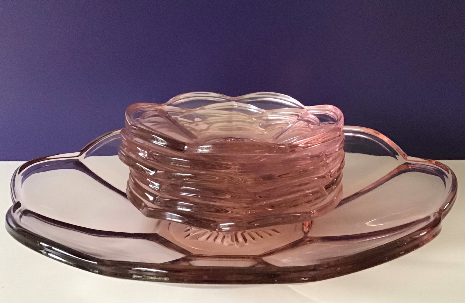 Antieke Macaron-/Petit four schaaltjes set roze glas 1920/30, Antiek en Kunst, Ophalen of Verzenden